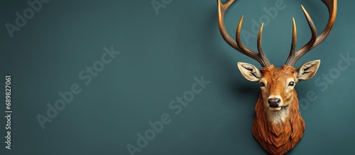 Deer head stuffed animal on the house tourist souvenir Vintage stuffed animal face with large antlers plate in room. Copyspace image. Square banner. Header for website template photo