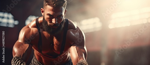 Battle rope exercises Man d...