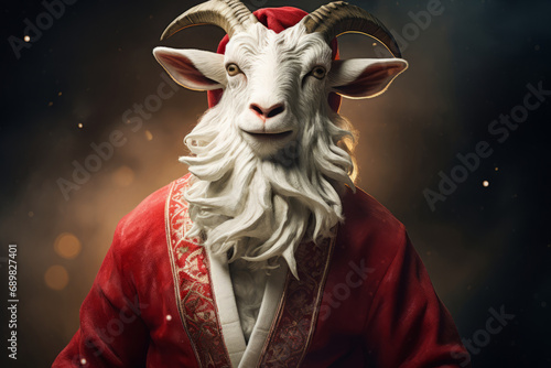 Goat with winter clothes like Santa Claus. Christmas style hat and sweater
