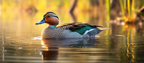 Amazonetta brasiliensis Brazilian Teal Male in the morning in a lake with calm waters relaxing and stretching its beautiful colors. Copyspace image. Square banner. Header for website template photo