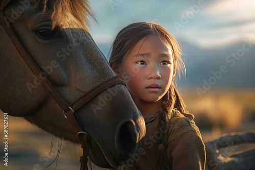 Little girl with charming horse. Countryside recreation nature equestrian lovely portrait. Generate ai