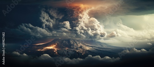 ash plume through clouds of an active volcano. Copyspace image. Square banner. Header for website template photo