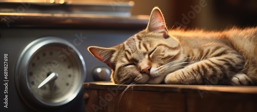 Cat sleeping on stove fireplace in home room. Copyspace image. Square banner. Header for website template