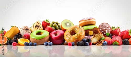 Close up female hand pushing out avoid say no her favorite donut sweets and choose green apple and vegetables for good health and weight control as diet and healthy concept. Copyspace image photo