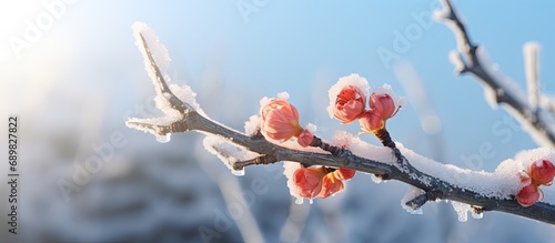Close up of frozen branch with bud covered with ice Bad weather condition in spring for fruit production. Copyspace image. Square banner. Header for website template