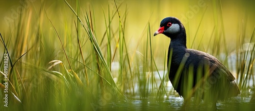 Common Moorhen Gallinula chloropus wandering in the grass. Copyspace image. Square banner. Header for website template photo