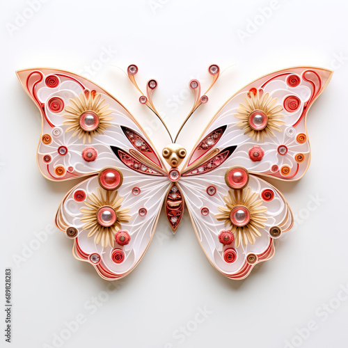 Butterfly made from paper and accents on white background.