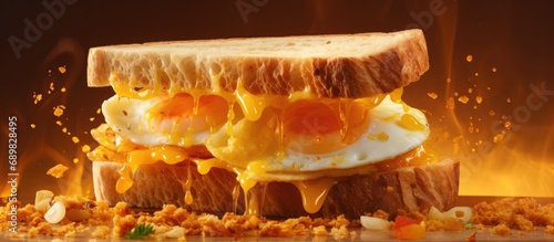 Egg in a hole Egg and cheese grilled sandwich or Cheesy baked egg toast on a plate. Copyspace image. Square banner. Header for website template