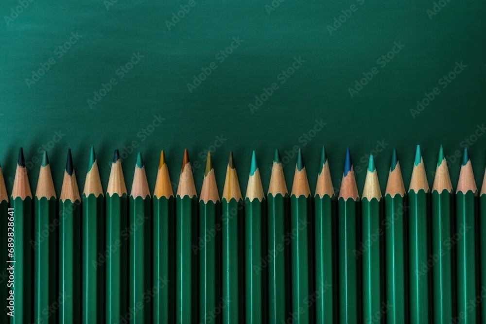 Green colorful pencils row on emerald background. Creative art working crafting wooden instruments. Generate ai Green colorful pencils row on emerald background. Creative art working crafting wooden instruments. Generate ai