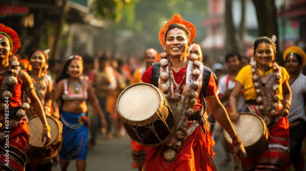 lively procession with individuals in traditional Assamese attire playing drums and dancing during a cultural festival