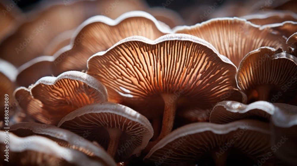 A close-up shot capturing the intricate details and texture of the gills of a mushroom, highlighting the beauty of its structure A close-up shot capturing the intricate details and texture of the gills of a mushroom, highlighting the beauty of its structure