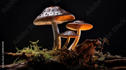 A close-up photograph of three brown mushrooms with water droplets on a wood surface