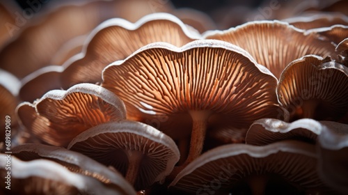 A close-up shot capturing the intricate details and texture of the gills of a mushroom, highlighting the beauty of its structure