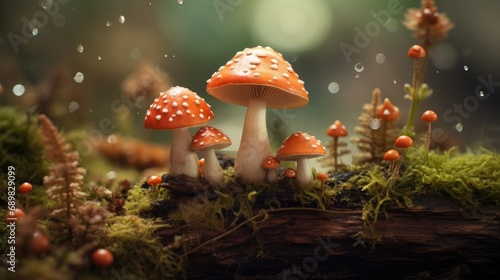 A close-up of vibrant orange mushrooms with white spots on a mossy log, accompanied by water droplets and bokeh light effects