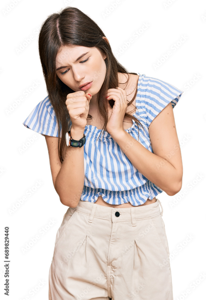Young beautiful caucasian girl wearing casual clothes feeling unwell and coughing as symptom for cold or bronchitis. health care concept. Young beautiful caucasian girl wearing casual clothes feeling unwell and coughing as symptom for cold or bronchitis. health care concept.