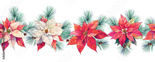 Christmas Poinsettia vector garland border, floral winter season frame, holiday seamless background, with rowan berries, pine branch, star flowers, xmas decoration banner