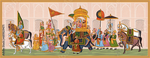 Mughal Emperor riding Elephant. India Miniature Painting Rajasthan, Udaipur  illustration. photo