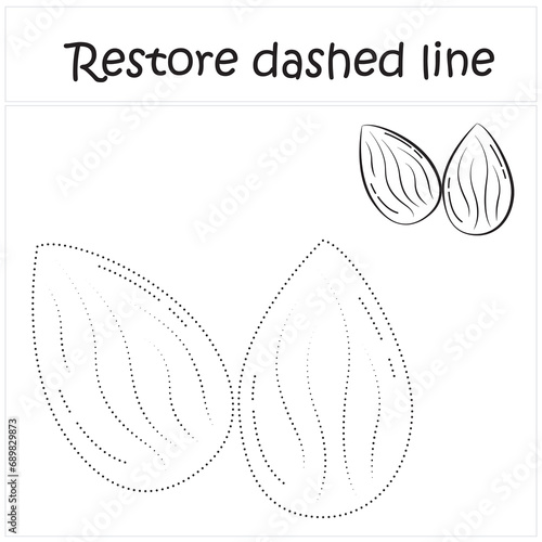 almond. Repair the dotted line. Handwriting practice. Educational game for toddlers and preschoolers. Cartoon style. Isolated vector illustration, eps