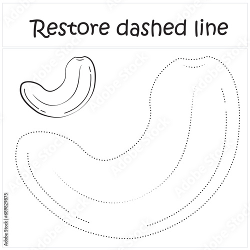 cashew. Repair the dotted line. Handwriting practice. Educational game for toddlers and preschoolers. Cartoon style. Isolated vector illustration, eps