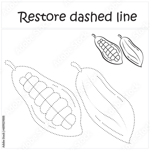 cacao bean. Repair the dotted line. Handwriting practice. Educational game for toddlers and preschoolers. Cartoon style. Isolated vector illustration, eps