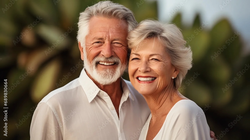 Happy retired couple, senior couple posing in the garden, elderly people smiling Happy retired couple, senior couple posing in the garden, elderly people smiling