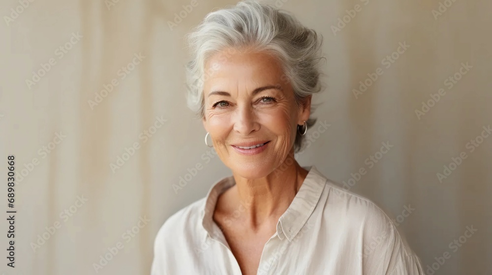 Happy smiling retirement age woman, senior citizen with gray hair, mature woman on beige background Happy smiling retirement age woman, senior citizen with gray hair, mature woman on beige background