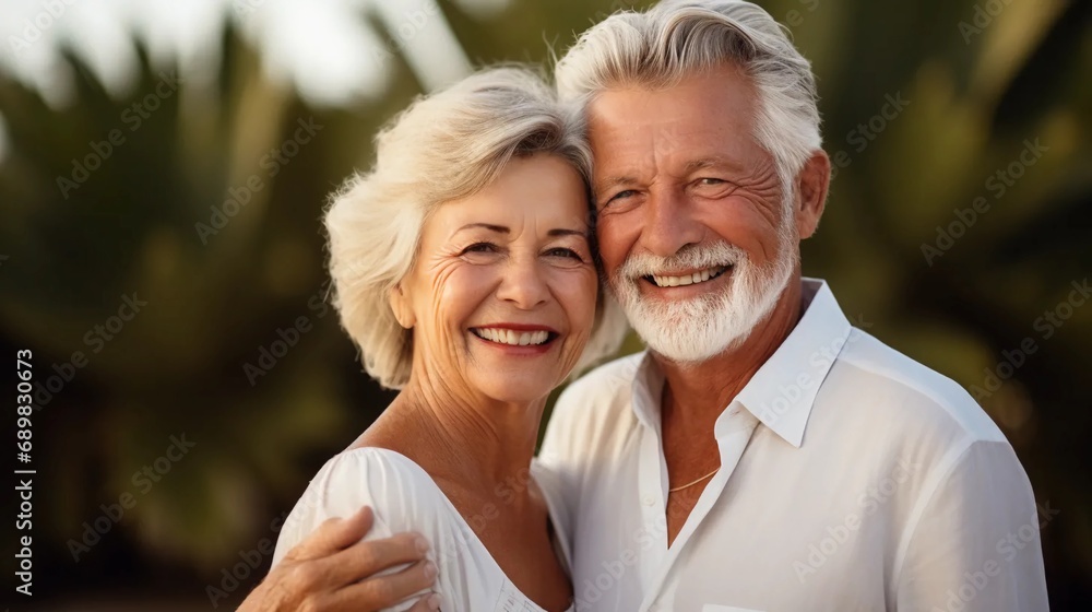Happy retired couple, senior couple posing in the garden, elderly people smiling Happy retired couple, senior couple posing in the garden, elderly people smiling