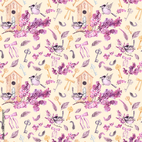 Hand drawn seamless watercolor pattern with birdhouse on blooming pink floral cherry apple branch with two little birds,bows,keys,feathers.Concept of spring coming,love,family,beige vintage background
