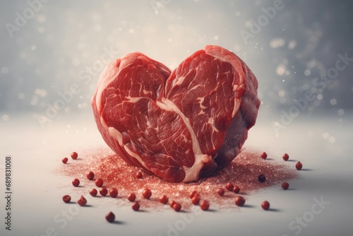 Heart shaped red raw beef on red chili pepper heap. Fresh bloody cow meat slice fillet. Generate ai photo