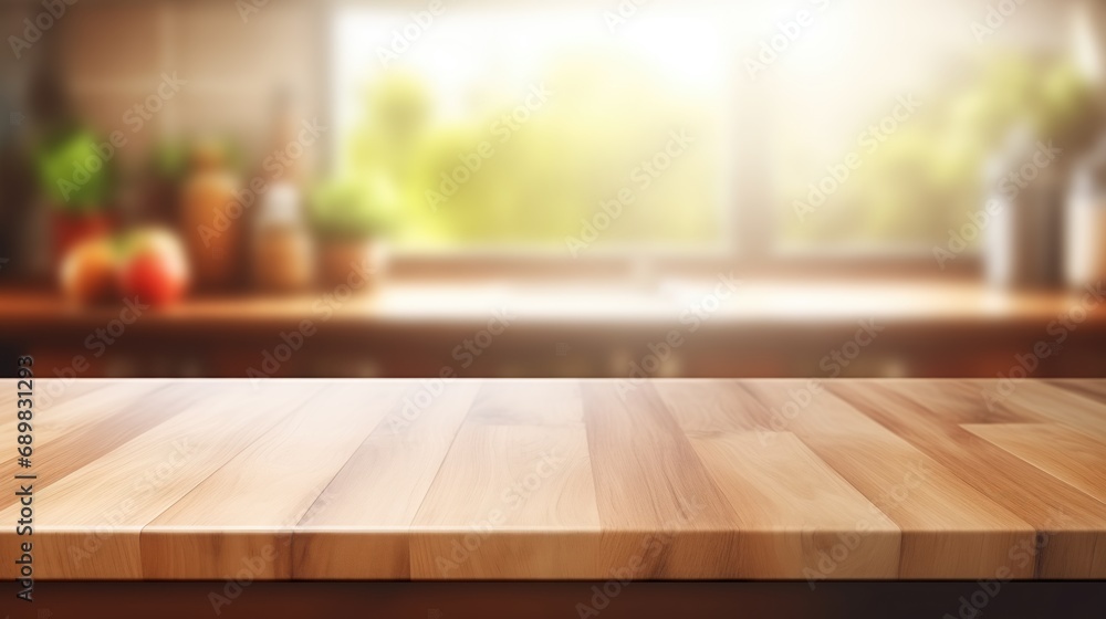 Empty Wooden Table in Kitchen For Product display, Blurred Background Empty Wooden Table in Kitchen For Product display, Blurred Background