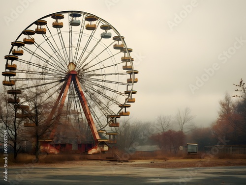 An eerie stillness hangs over the deserted amusement park, as the towering ferris wheel stands against the winter sky, its once vibrant colors now faded and the only movement coming from the bare bra