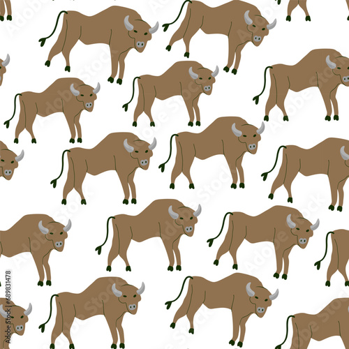 seamless pattern with bull in vector. wild stylized horned beast. large mammal and artiodactyl. For background, wallpaper, textile, print, wrapping. A series of animal images in flat style © Anna