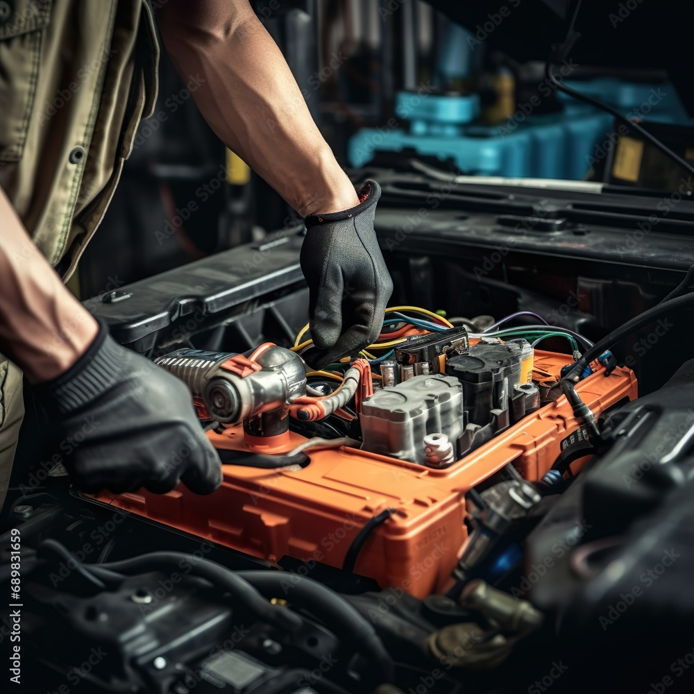 Technician Hands of car mechanic working repair in auto repair Service electric battery and Maintenance of car battery. Check the electrical system inside the car. - Generative AI Technician Hands of car mechanic working repair in auto repair Service electric battery and Maintenance of car battery. Check the electrical system inside the car. - Generative AI