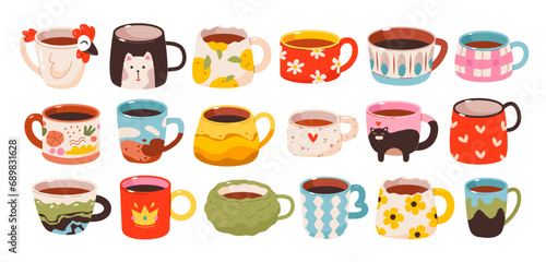 Cups of tea and coffee drinks set. Cute trendy hand drawn mugs with ornaments. Ceramic Crockery. Flat vector illustration isolated on white background.

 photo