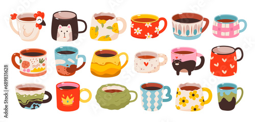 Cups of tea and coffee drinks set. Cute trendy hand drawn mugs with ornaments. Ceramic Crockery. Flat vector illustration isolated on white background.


