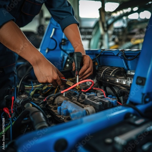 Technician Hands of car mechanic working repair in auto repair Service electric battery and Maintenance of car battery. Check the electrical system inside the car. - Generative AI © Marietimo