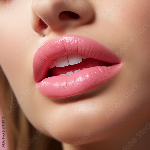 Girl pink lips close-up, delicate makeup. Smile of a woman with white teeth.