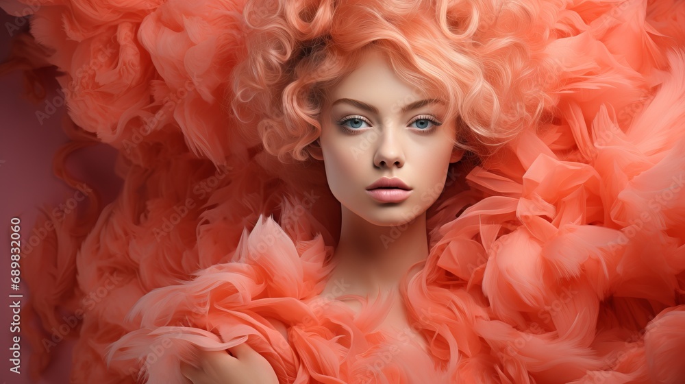 A model girl with peach-colored hair is wrapped in a bright boa made of feathers and fur. Beautiful woman in an extravagant cape. Concept: fashion and style