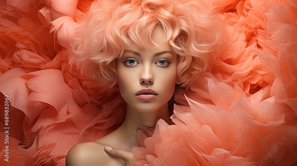 A model girl with peach-colored hair is wrapped in a bright boa made of feathers and fur. Beautiful woman in an extravagant cape. Concept: fashion and style A model girl with peach-colored hair is wrapped in a bright boa made of feathers and fur. Beautiful woman in an extravagant cape. Concept: fashion and style