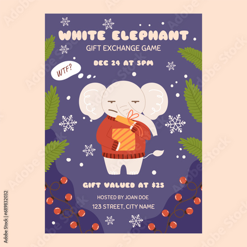 White elephant gift exchange party game template. Funny grumpy character in red sweater who is surprised by what he sees in the gift box. Christmas party.