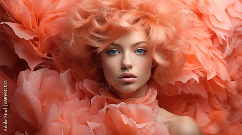 A model girl with peach-colored hair is wrapped in a bright boa made of feathers and fur. Beautiful woman in an extravagant cape. Concept: fashion and style