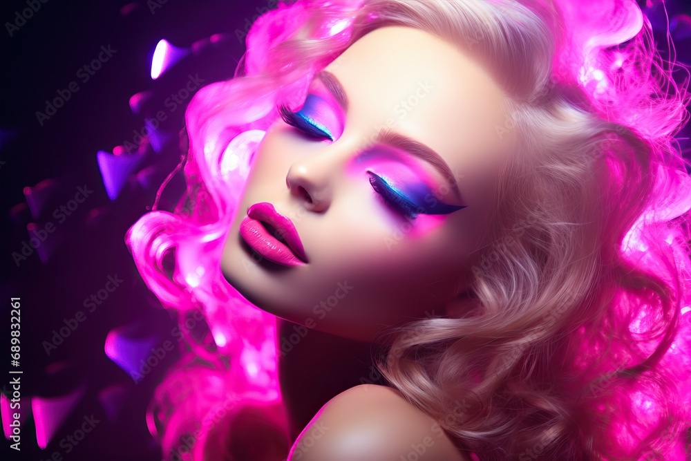 Fototapeta premium Beautiful Girl with Pink Neon Makeup Dancing at a Nightclub Party