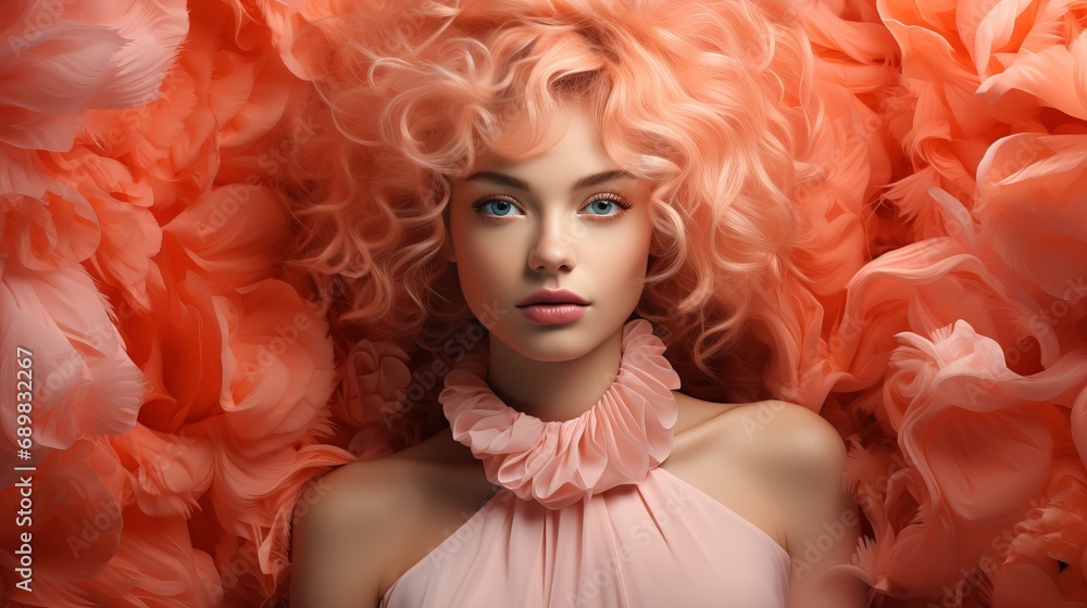 A model girl with peach-colored hair is wrapped in a bright boa made of feathers and fur. Beautiful woman in an extravagant cape. Concept: fashion and style A model girl with peach-colored hair is wrapped in a bright boa made of feathers and fur. Beautiful woman in an extravagant cape. Concept: fashion and style