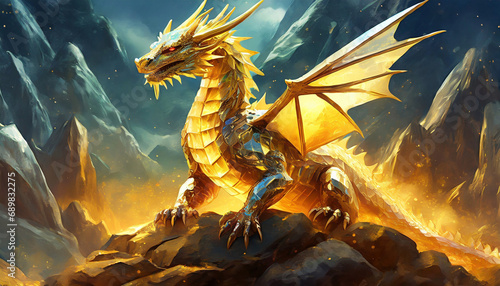 Golden dragon in a mountain