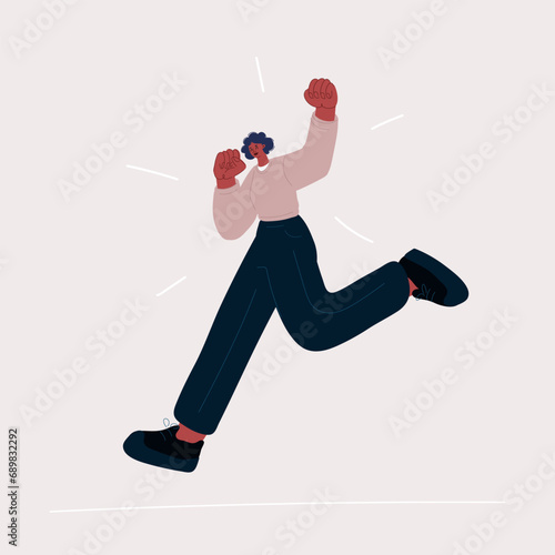 Vector illustration of Full length of jumping high female student gesturing like winner overjoyed isolated