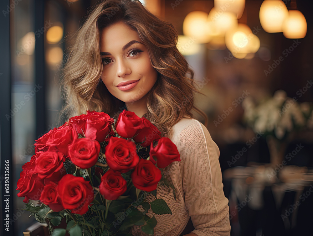 portrait of a woman with a bouquet of roses portrait of a woman with a bouquet of roses