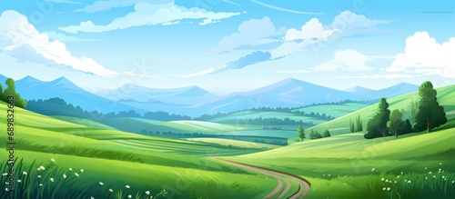 Illustration summer fields landscape green hills with a dawn and bright color blue sky background © saifur