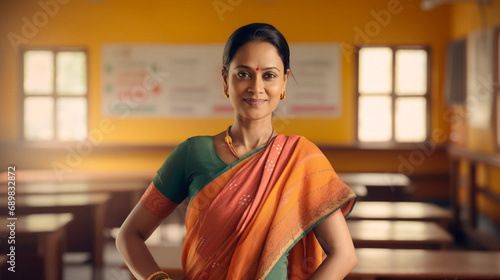 copy space, stockphoto, Portrait of a asian Indian lady teacher in saree stands against middle school colorful classroom. Indian Classroom with female teacher posing in front of the class. photo