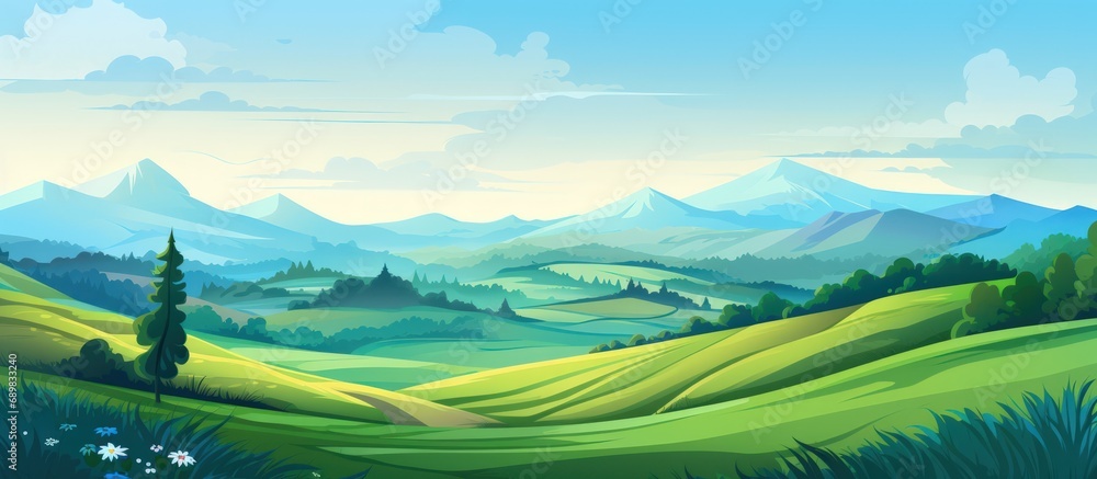Illustration summer fields landscape green hills with a dawn and bright color blue sky background