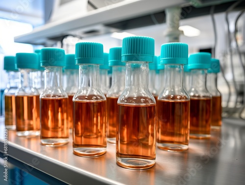 Rows of vials with amber liquid, capped in blue, set in a lab rack with a blurred scientific background.